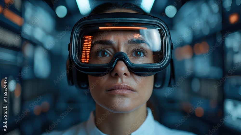Poster scientist wearing vr goggles analyzing data in futuristic laboratory