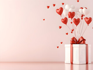 Stylish gift box with red satin ribbon and bow and heart air shaped balloons on pink background. Greeting card for birthday, party anniversary wedding women's, mother's day. St Valentine day romantic