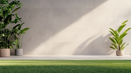 Elegant indoor space featuring lush green plants in stylish pots against a light textured wall, creating a serene and modern atmosphere for relaxation and inspiration.