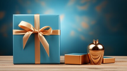 Wooden gift box with an empty card mockup alongside a closed gift box in blue solid background style