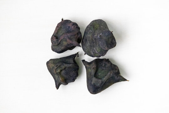 Water chestnuts, isolated on a white background. Locally known as Panifol in Bangladesh, this popular aquatic fruit boasts a sweet and nutty flavor and is enjoyed both raw and cooked. Top view.