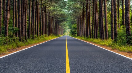 Obraz premium Scenic Road Surrounded by Lush Green Forest and Tall Pine Trees Offering Tranquil Nature Experience Perfect for Travel and Adventure Photography