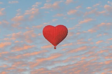 Fototapeta premium A whimsical Valentine heart-shaped hot air balloon rising over a golden sunrise sky