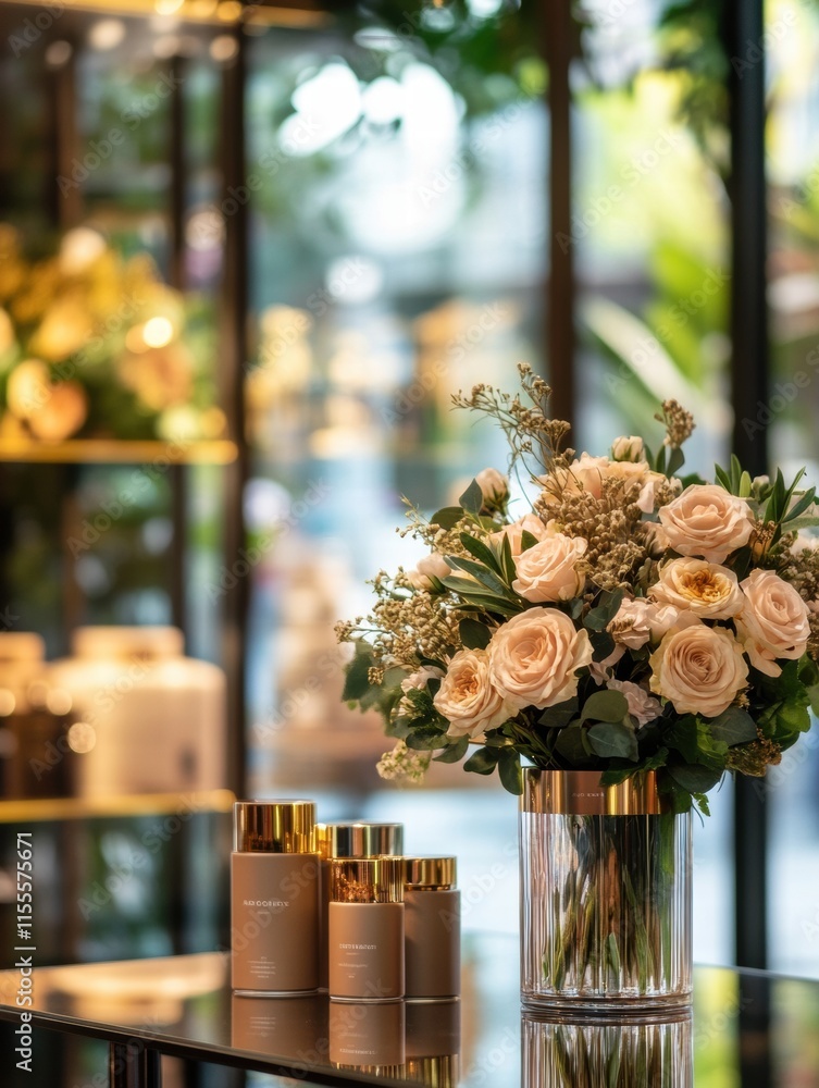 Poster stylish storefront display featuring elegant flower arrangements in glass vases. generative ai