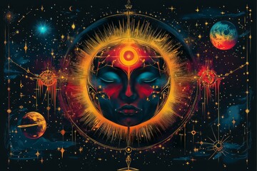  The signs of the zodiac arranged in a circle, with colourful constellations and planets in the background. Generative AI