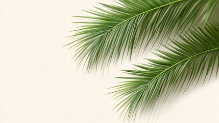 Obraz premium Two vibrant green palm fronds on a beige background.