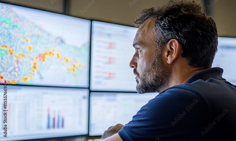 Poster a man analyzes data on multiple screens in a control room.