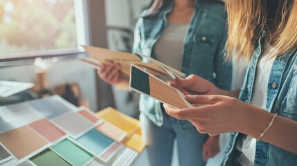 Two women examine a variety of color samples in a sunlit studio