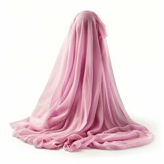 Naklejka premium Flowing pink chiffon elegantly drapes over an unseen form, creating an abstract and artistic presentation against a white backdrop