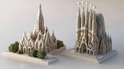 Two voxel-style architectural models of famous cathedrals.