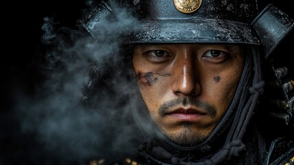 Fototapeta premium Close-up portrait of a samurai warrior, smoke obscuring his face, showcasing battle scars and intense gaze.