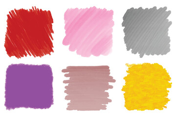 Set of watercolor abstract colored spots for text design, label. Watercolor swatches pencil illustration. Colorful grunge backgrounds. Square paint brush stroke. Hand drawn flat grunge stains marker 