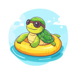 Fototapeta premium Cool Turtle Summer Fun: A Cartoon Tortoise Enjoying a Relaxing Float