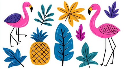 Tropical Flamingo & Pineapple Clipart - Flat design
