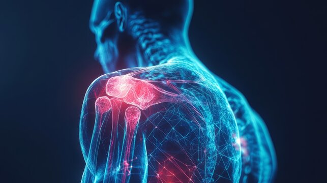 Anterior of human shoulder joint and bones with inflammation 3D rendering.