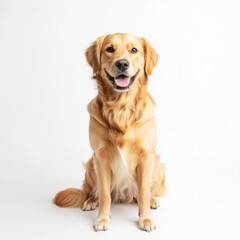 Happy golden retriever sitting against white background