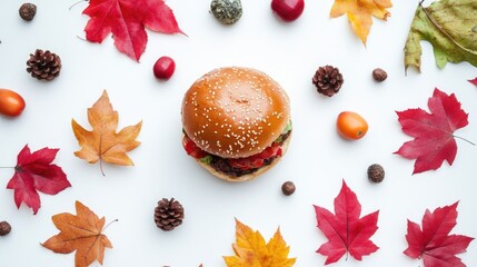 A hamburger surrounded by autumn leaves and natural elements, showcasing seasonal themes.