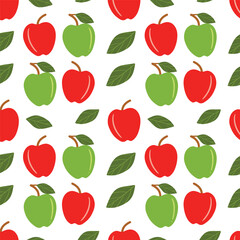 Cute juicy red and green apple fruit seamless pattern printable for girls. Hand-drawn summer food banner on white color. Healthy, apple abstract repeated background. Autumn falling leaves wallpaper.  