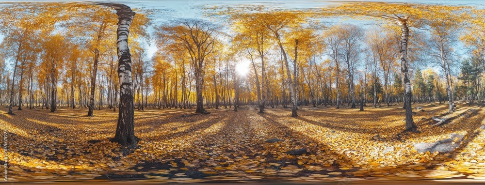 Poster beautiful autumn forest with golden leaves and sunlight filtering through trees in a panoramic view 