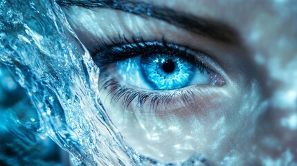 Beautiful woman's eyes close up. blue waves the eye iris.