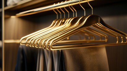 A luxurious wardrobe setup with golden hangers hanging neatly on a polished brass rail.