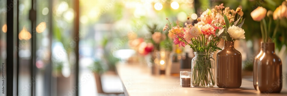 Poster stylish storefront display showcasing vibrant flowers in glass vases during daylight hours. generati