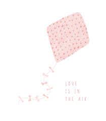 Cute Pink Kite With Heart Print and a Long Tail Decorated With Bows. Love is ith The Air. Pastel Pink Kite Isolated on a White Background. Lovely Hand Drawn Valentine's Day Vector Illustration. 