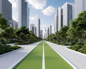 Modern city with bicycle lane network, cyclists commuting, ecoconscious urban design