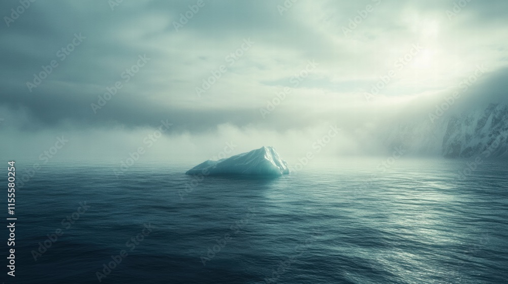 Aufkleber Melting iceberg floating on a tranquil blue ocean under a hazy sky during a serene morning. Generative AI