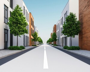 Fototapeta premium City avenue with dedicated bike lane, sleek modern architecture, calm daylight scene, urban commuting