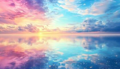 Serene pastel sunset reflected in calm ocean water; dreamy, ethereal landscape perfect for peaceful backgrounds, websites, or artistic projects.