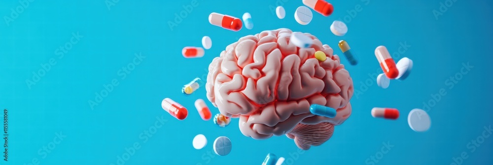 Poster 3d model of a human brain surrounded by various colorful pills illustrating mental health and medica