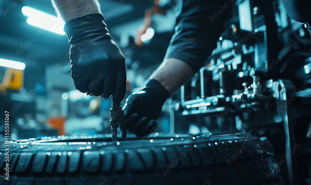 Poster a mechanic working on a tire in a workshop, using specialized tools.