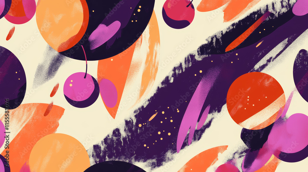 Poster vibrant abstract pattern featuring colorful shapes and playful elements, ideal for creative projects