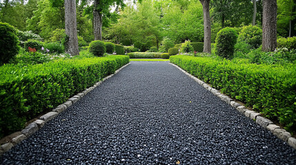 Obraz premium Dark gravel path through a lush green garden.