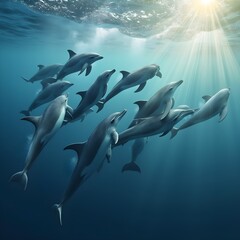 Obraz premium Dolphins Playfully Swimming Near Surface with Sunlight Filtering