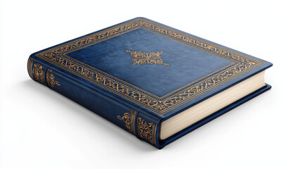 Fototapeta premium A luxurious journal with a matte finish, rich royal blue color accented by intricate gold patterns on the cover, laying flat on a pure white background. The journal has soft rounded edges and elegant 
