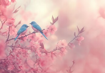 Beautiful Blue Birds Perched on Pink Cherry Blossom Branches in a Soft Dreamy Spring Garden Setting with Gentle Warm Light and Delicate Floral Background