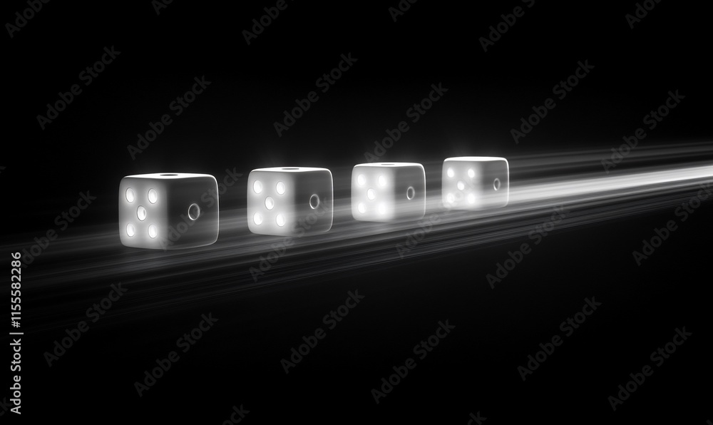 Poster a minimalist depiction of glowing dice arranged in a row with motion blur.