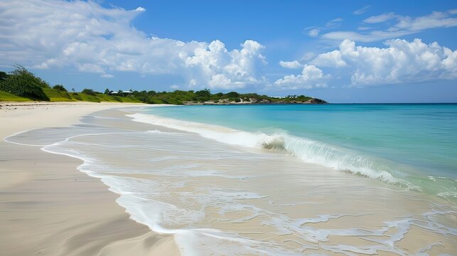 A sandy beach with waves gently rolling onto the shore.