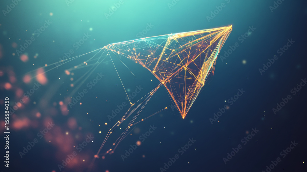 Poster a hologram of a kite. a kite made of polygons, triangles of dots and lines. kite is a low-poly compo
