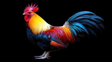 Fototapeta premium Colorful rooster profile against black background.