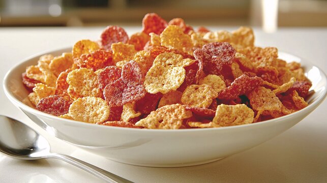 close-up shot of colorful cereal flakes in a bowl, with a spoon resting beside it and a backdrop of a clean, modern kitchen counter. [food]:[Cereals] 