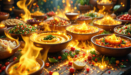 A vibrant Middle Eastern spread featuring glowing bowls of golden hummus, radiant baba ganoush