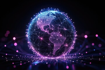 Fototapeta premium A digital globe illuminated, showcasing global interconnectedness through a network of glowing lines and nodes.