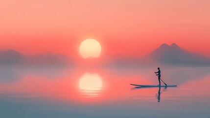 Serene Stand up Paddling at Sunset Reflected on Calm Water