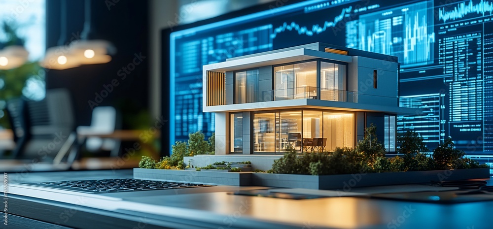 Poster a modern architectural model displayed on a laptop with data visuals.