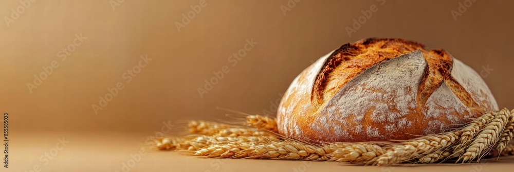 Poster Minimalist bread loaf resting on wheat grains with space for text and design layout. Generative AI