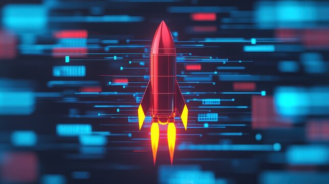 Futuristic Rocket Launching in a Digital Space with Colorful Data Stream Background