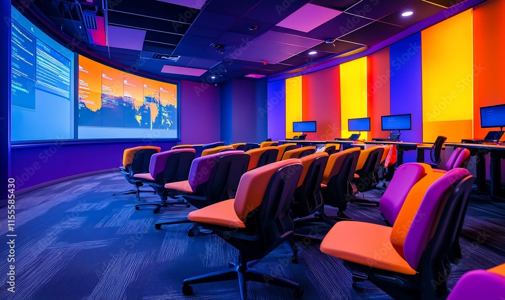 Poster a modern classroom with colorful seating and technology for learning.
